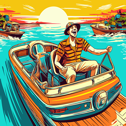 :highly detailed vector illustration of a pontoon boat on a lake vibrant colors with a guy laughing and driving the boat