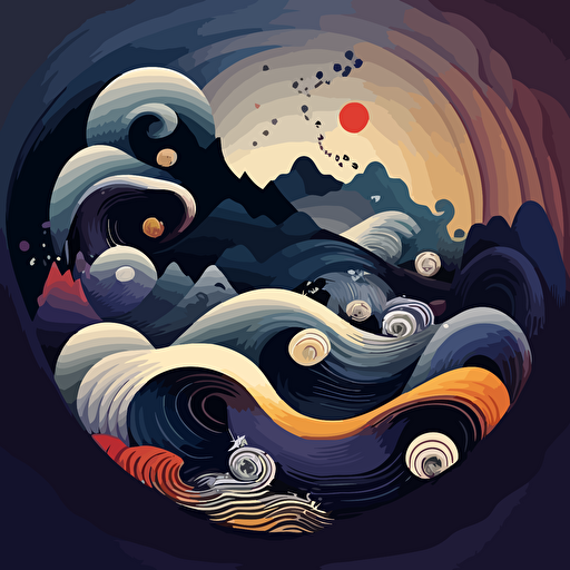 flowing vector design of ancient Chinese waves with mist and whirlpools 5k multi-colored