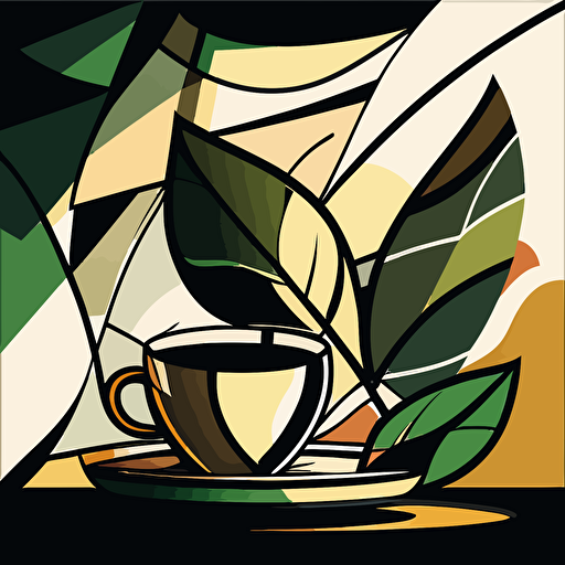abstract vector art of green leaves, cup of tea, botanica, cubist style, 2d, black outline