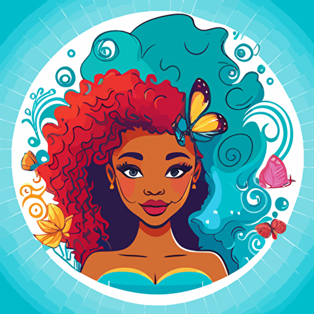 a black girl mermaid full face facing the viewer, red hair, the mermaid is swimming in the ocean with fish in the background, vector art, vector logo, disney style cartoon, detailed, bright colors, light blue background, simple cartoon, 2d