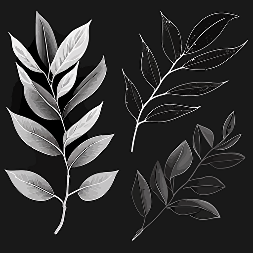 3 black and white flat vector lemon myrtle leaves without twigs