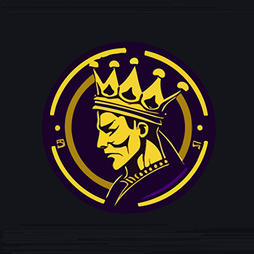 a poker chip with a cute vectorised crowned casino king head, logo minimalist, purple, yellow gold and black