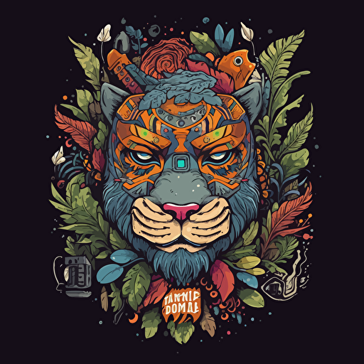 marijuana tiger mask totem roots flower tribal feather gem plant tree stone shaman aquarius video game vector cutout illustration bright multicolor borderlands comics by josan gonzales and dan mumford radiating a glowing aura, v9