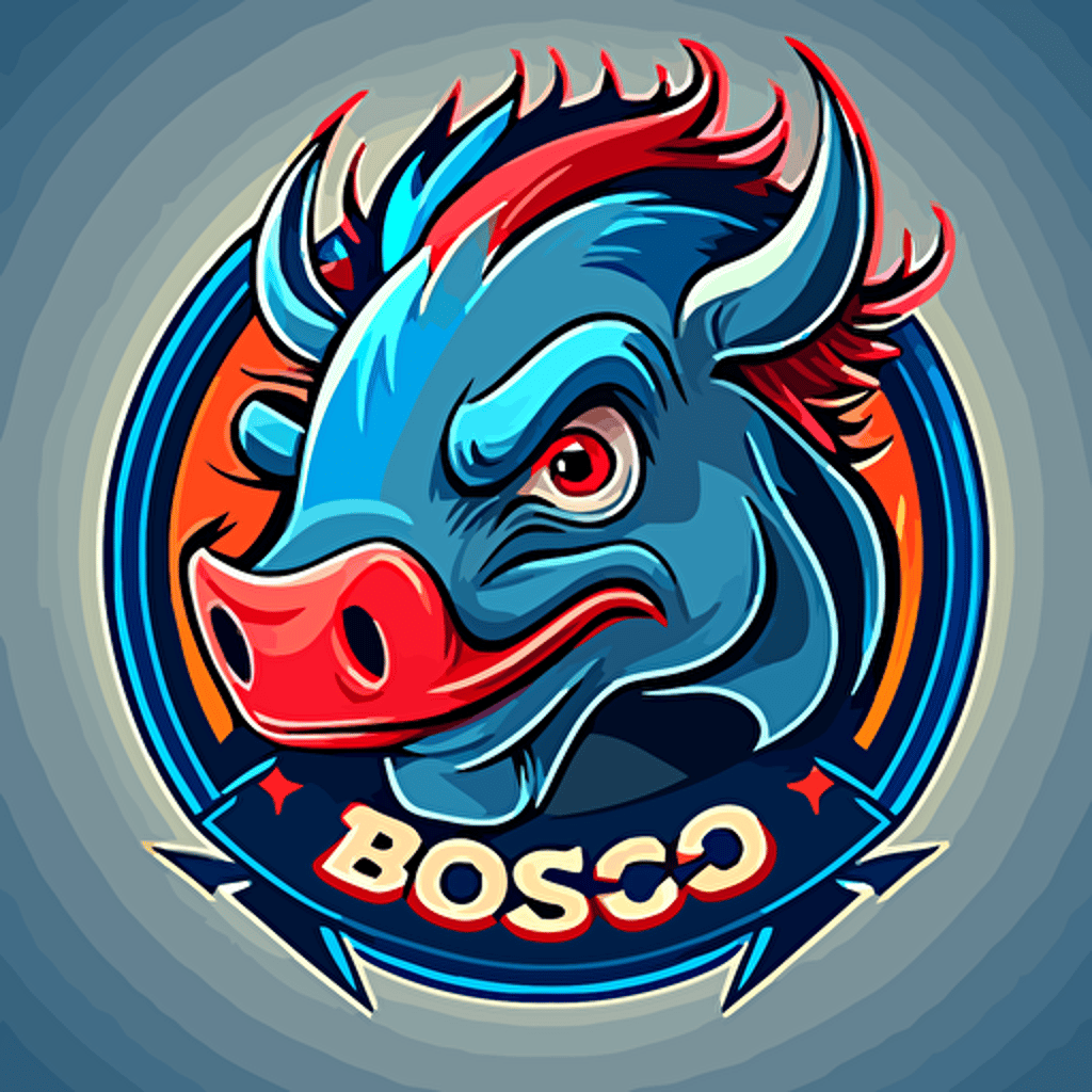 Logo for Bosco company, blue grey red, Circular tyre burning rubber blue flame, warthog, side shot, cartoon eyes, friendly but focused, wry smile, vector logo, vector art, emblem, simple, cartoon, 2d