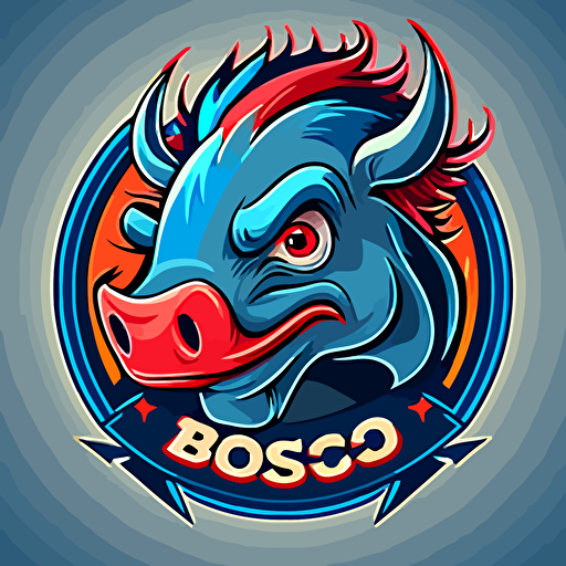 Logo for Bosco company, blue grey red, Circular tyre burning rubber blue flame, warthog, side shot, cartoon eyes, friendly but focused, wry smile, vector logo, vector art, emblem, simple, cartoon, 2d