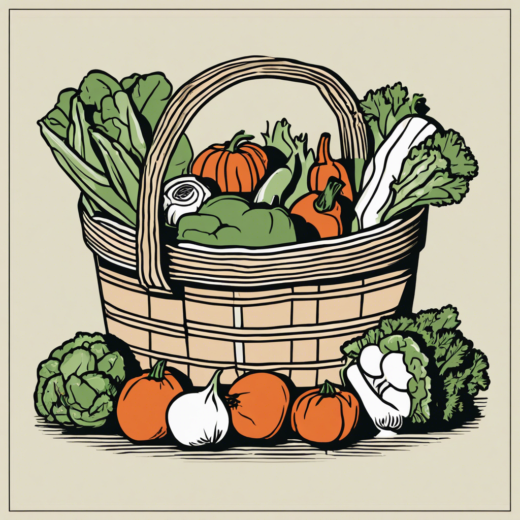 Basket of freshly picked vegetables., illustration in the style of Matt Blease, illustration, flat, simple, vector