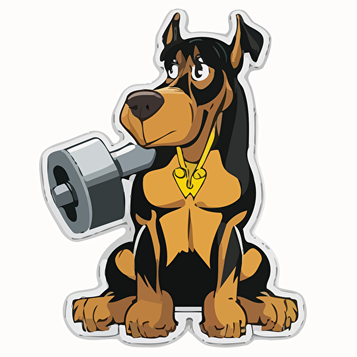 vector happy Doberman with cropped ears puppy sitting next to a dumbell sticker+ white background + vibrant yellow brown and black colors + cartoon