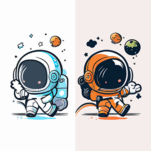 draw a 2D vector, cartoon, cute, astronaut in space, a simple drawing, in color but bordered with a black line, flat drawing and without details on a white background
