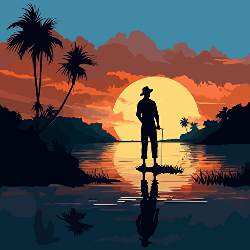 fishing man silhouette, beach background vector illustration, in the style of raphael lacoste, restrained impressionism, uhd image, r. kenton nelson, pensive stillness, high resolution, john mckinstry