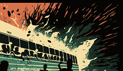 a vector drawing of freedom riders fleeing from a greyhound bus that has been attacked by opponents of integration