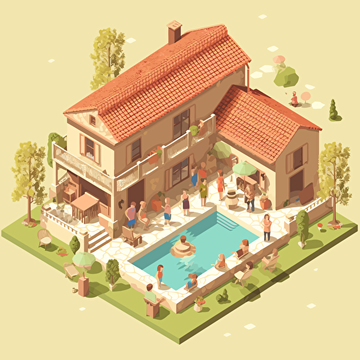 one story spanish villa, vector, isometric, small pool, kids on large lawn, father bbq, mother drinking wine