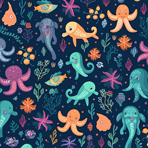 flat pattern in a cartoonish style, fun, playful, design should include octopus, sharks, fish, starfish, and stingrays, color scheme should be pastel and soft, whimsical and dreamy feel, vector, illustration