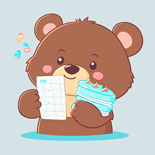 a vector image of a cute bear eating cake and looking at his pay check. in the style of pixar