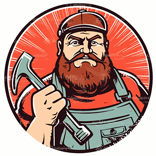 fat redneck car repairman, with grease on his face, holding a wrench, stadning in a car garage, red theme, vector art
