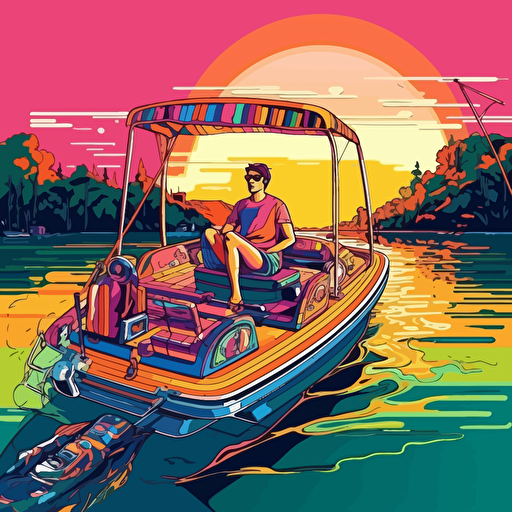 :highly detailed vector illustration of a pontoon boat on a lake vibrant colors with a guy laughing and driving the boat
