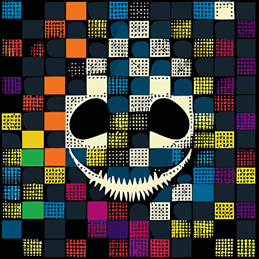A repeatable square pattern design withJack Skellington as a bright calavera design, vector, vibrant, black background