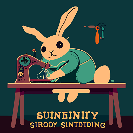 a simple vector style logo of a bunny creature sewing a pair of shorts