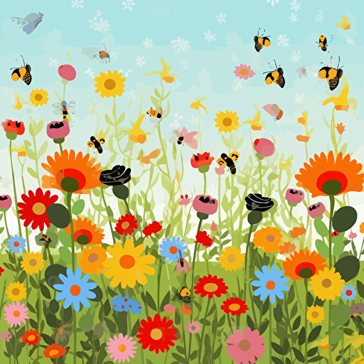 a field of colorful flowers. Trees in the background. Birds. Butterflies. Bumble bees. Vector illustration
