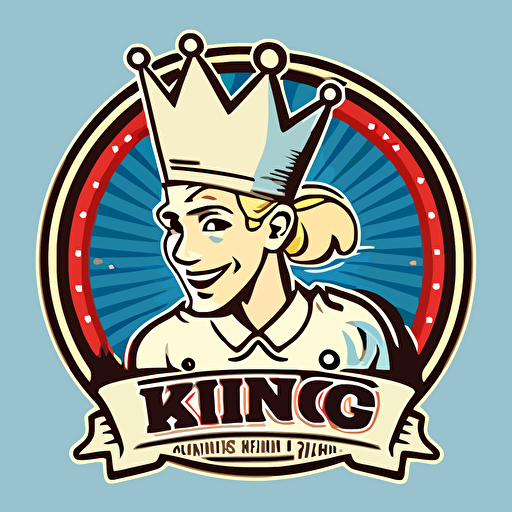 Retro Logo and brand for the "Kings Kitchen" featuring a royal king dressed up as a chef, young enthusiastic , blonde skin, wearing a crown like chef hat, with the kitchen in the background, flat, vector, 2D, comic book hero style