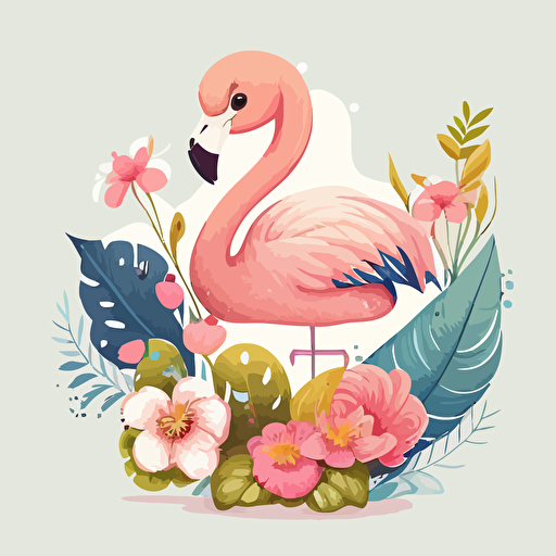 cute flamingo with flowers, detailed, cartoon style, 2d clipart vector, creative and imaginative, hd, white background