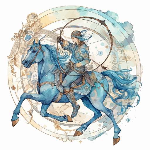 sagittarius zodiac sign, the archer hero riding the blue horse, in boho art style, intricated details, watercolors and flat vector mix