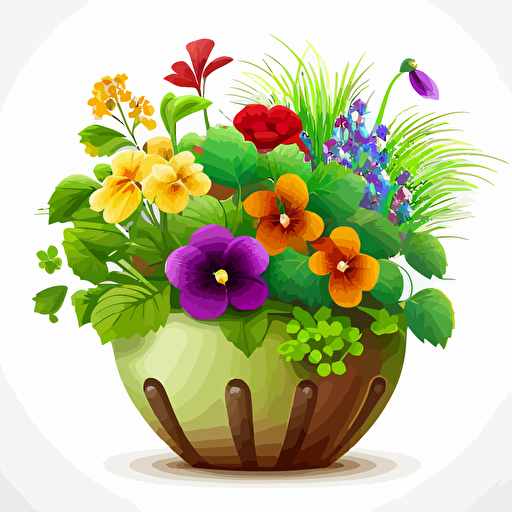 create a green planter full of amazingly colorful flowers vector style on white background