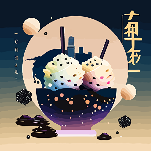 colorful vector art, chinese dumplings, boba pearls, background is a silhouette of taipei 01 with galaxy, galaxy vector art