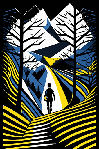 hiker trekking through the wilderness, simple geometrical shapes, blue, yellow and white colors, pop art deco illustration, hand vector art, black background,