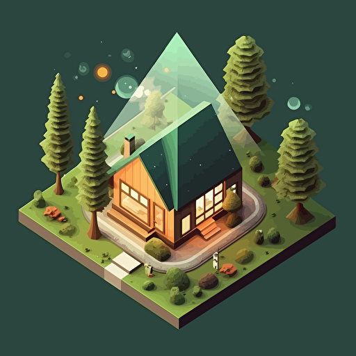 beautiful isometric with a garden, isometric view, vector illustration, modern, clean, high focus intricate details, soft smooth lighting, soft colors, 100mmlens, use shape like globe, triangle, cone, minimalist, night view, cute triangle small house in top of the podium with green grass and Christmas tree landscape