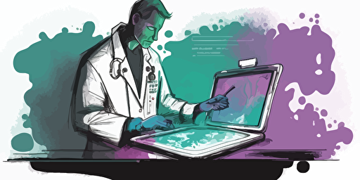 a WATERCOLOR AND ink vector designmilk illustration of a doctor using an ipad palette is mainly purple and light blue with small amounts of green
