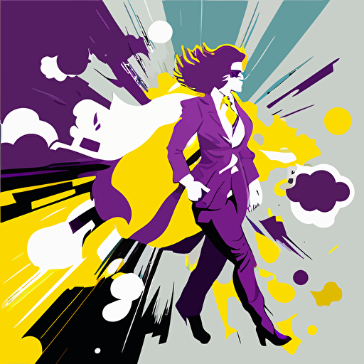 Modern, vector, illustration of heroic clever non-binary person following passion and business mission. In colors purple, yellow, gray and white.