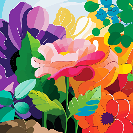 Drawing from Georgia O'Keeffe's close-up flower paintings, design a vector illustration of a vibrant garden scene where people interact with oversized flowers in bright colors. Set the scene during a warm spring day.