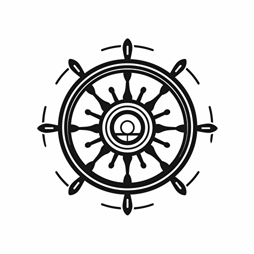 a simple Black on white logo of a ship steering wheel, Flat vector logo