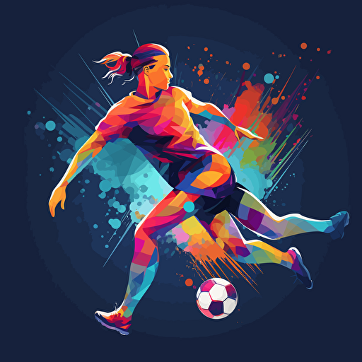 Abstract vector illustration female Soccer player running and kicking a soccer ball, side view, vivid colors.