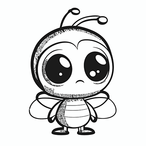 cute bee in farm, big cute eyes, pixar style, simple outline and shapes, coloring page black and white comic book flat vector, white background