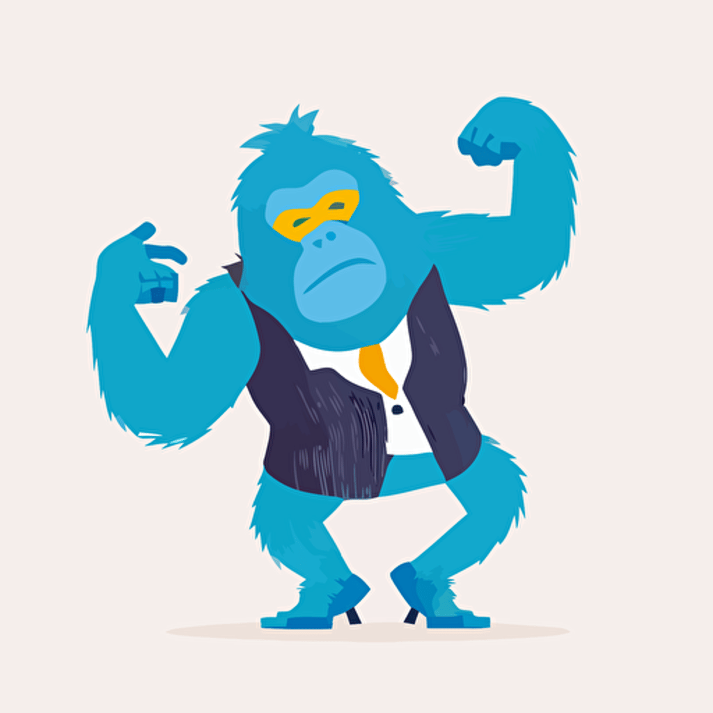 gorilla with blue furr, dancing alone, white background, illustrator, vector design, logo design, flat design, 2D, flat art, illustrator,
