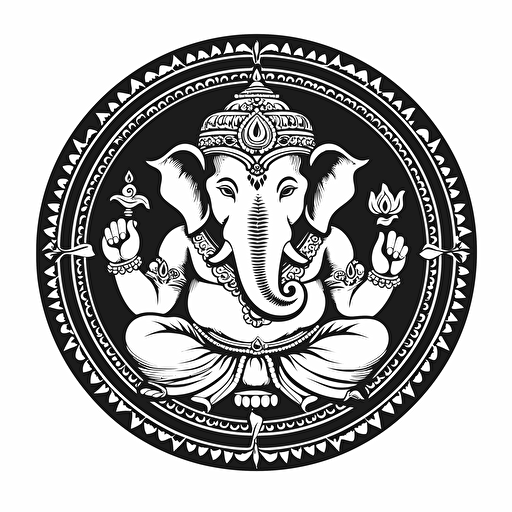 a black and white clipart of ganesh, inscribed ina circle, vector, on white background
