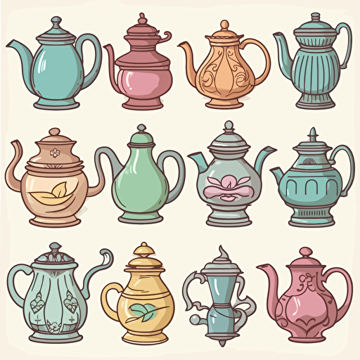 sticker sheet of different types of antique tea pot, pendrawing, soft pastel color, white background, vector