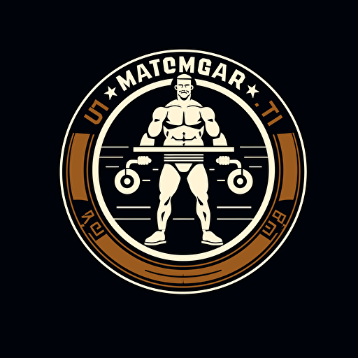 Retro iconic logo of muscular body with weights, white vector, on black backgroung