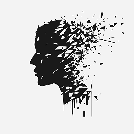 vector art , flat design, black and white , a minimalistic human head that is dissolving into pixels