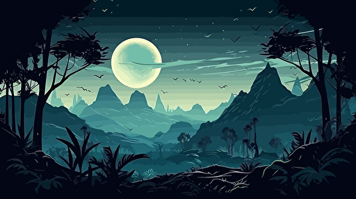landscape of a foreign jungle planet with mountains, illuminated flora, slighly dark, vector illustration