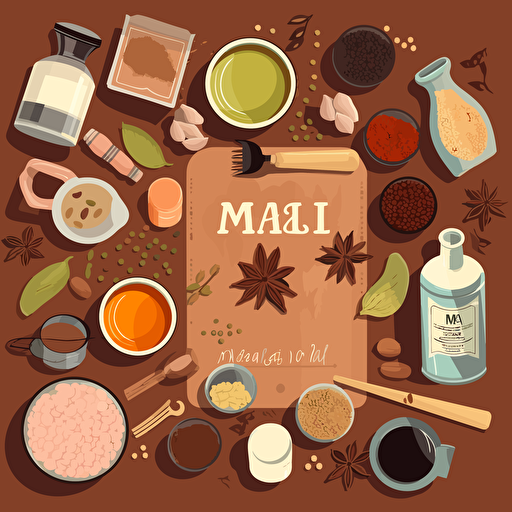 Flat Vector Illustration of ingredients used to make Indian Masala Tea. Mood is a Parisian Table setting, Style of Malika Favre. Use only 3 Colours. Strong Light and Shadow. Style of Maite Franchi