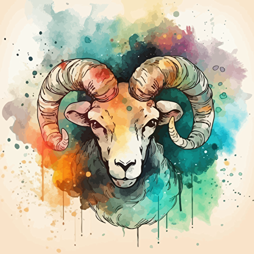 vector line drawing of aries sign, with multicolor, watercolor background.