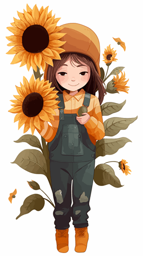 an adorable cute little girl in labor's working suit, Holding a big sunflower in her hand, flat vector illustration,
