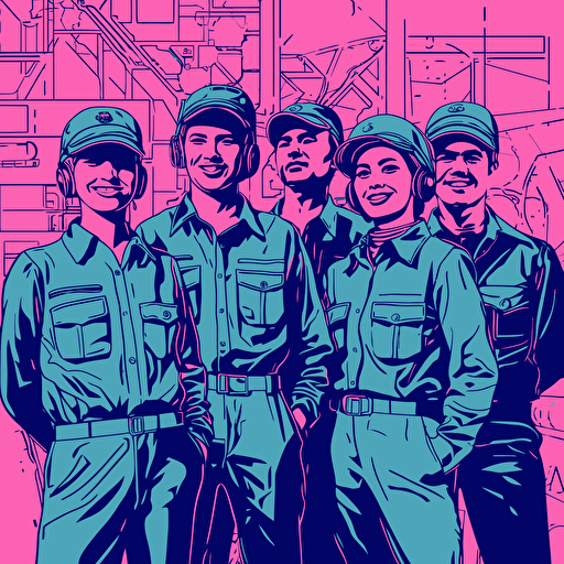 Group of Happy smiling engineers. popart style, meme style, vector art, colors dark blue and pink