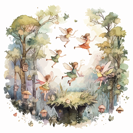 watercolor design of many fairies flying around an enchanted forest, cute, whimsical, for kids, in pastel hues, highly detailed, vector