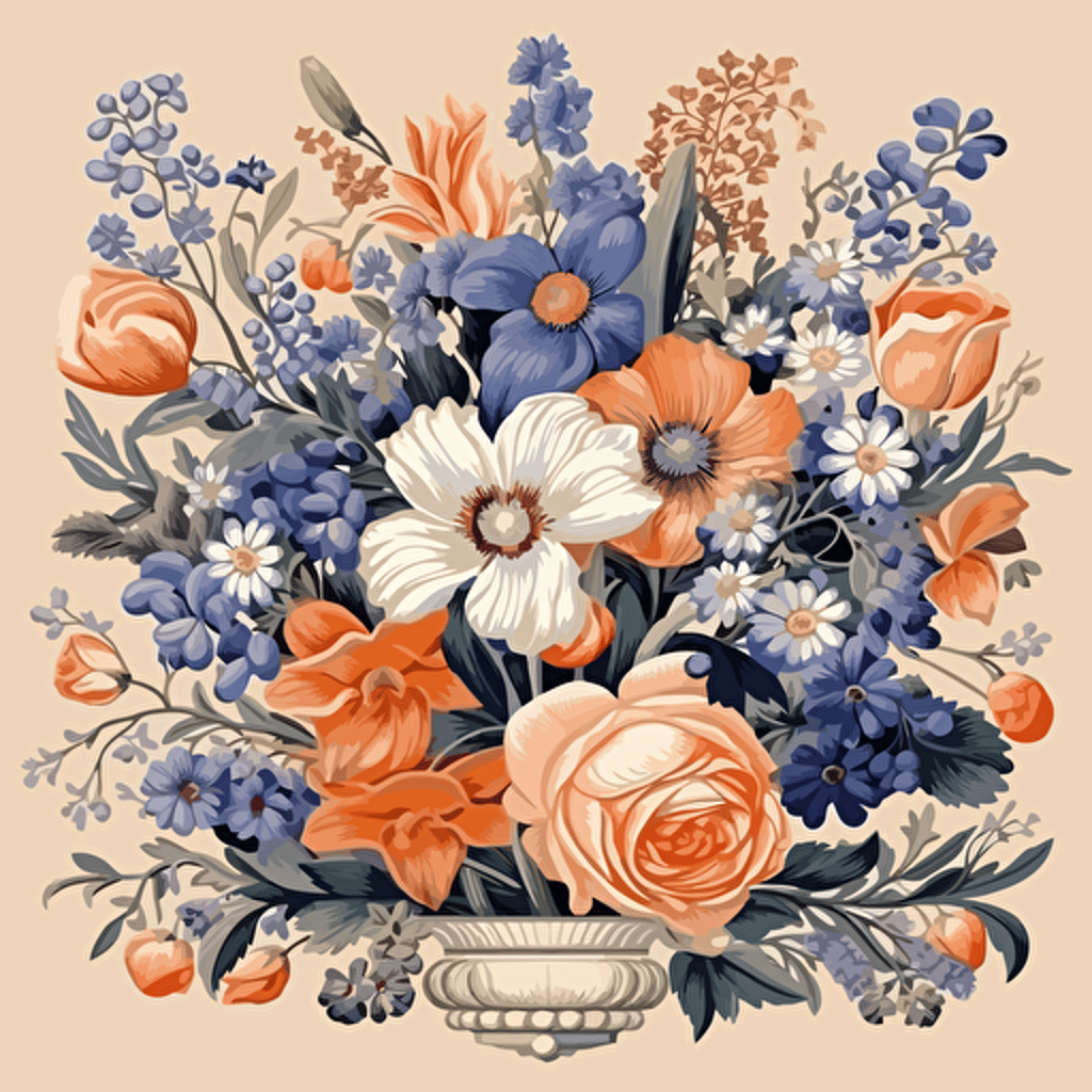 dozens of flowers, surrounded by elegant floral motifs, 2d vector, morandi color palette, epic composition, vector design on the edges of the image