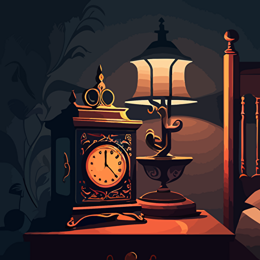 illustrated scene of a nightstand with an alarm clock and a lamp. Vector. Moody. Detailed. Contrasting shadows