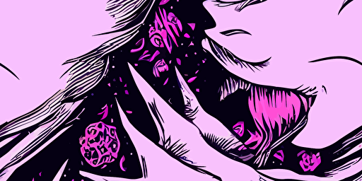 a stranger things style monster, cartoon style vector drawing, pink and purple, goth punk style, lino print style