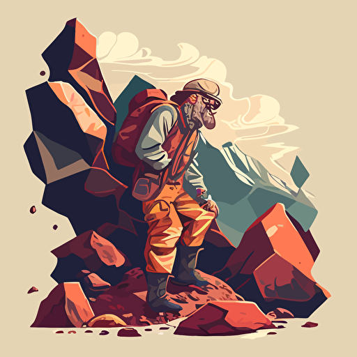 a geologist that looks lost but is actually prospecting for rocks in a vector art style